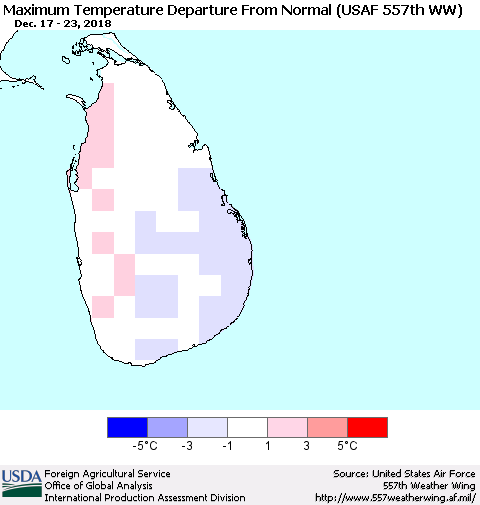 Sri Lanka Mean Maximum Temperature Departure from Normal (USAF 557th WW) Thematic Map For 12/17/2018 - 12/23/2018