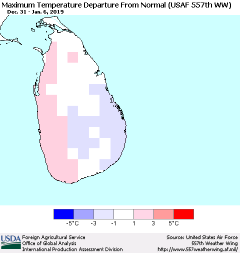Sri Lanka Mean Maximum Temperature Departure from Normal (USAF 557th WW) Thematic Map For 12/31/2018 - 1/6/2019