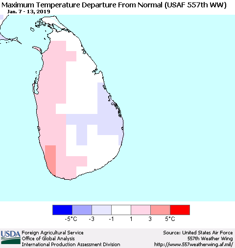 Sri Lanka Mean Maximum Temperature Departure from Normal (USAF 557th WW) Thematic Map For 1/7/2019 - 1/13/2019