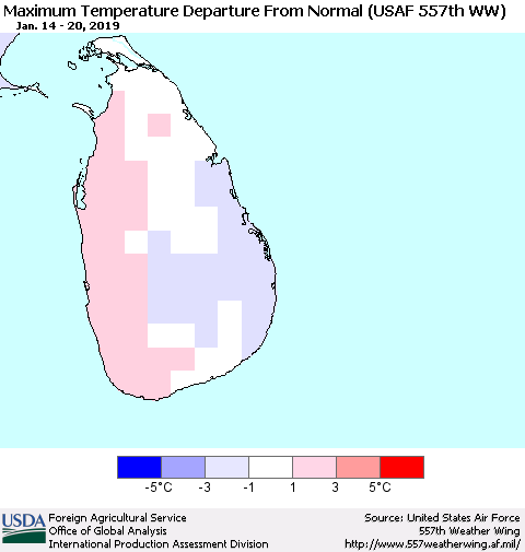 Sri Lanka Mean Maximum Temperature Departure from Normal (USAF 557th WW) Thematic Map For 1/14/2019 - 1/20/2019