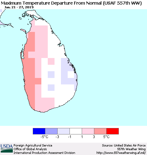 Sri Lanka Mean Maximum Temperature Departure from Normal (USAF 557th WW) Thematic Map For 1/21/2019 - 1/27/2019