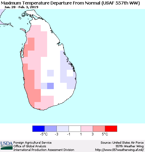 Sri Lanka Mean Maximum Temperature Departure from Normal (USAF 557th WW) Thematic Map For 1/28/2019 - 2/3/2019