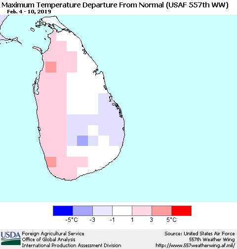 Sri Lanka Mean Maximum Temperature Departure from Normal (USAF 557th WW) Thematic Map For 2/4/2019 - 2/10/2019