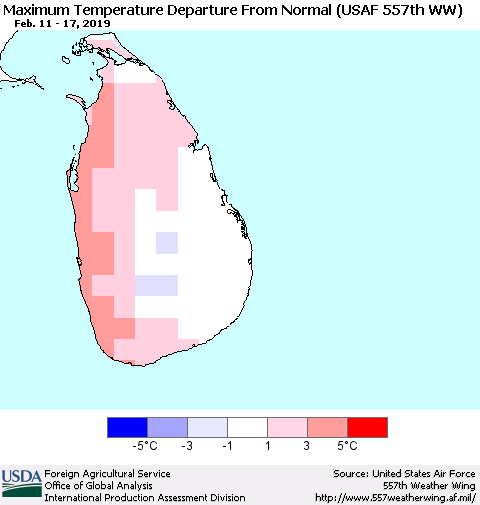 Sri Lanka Mean Maximum Temperature Departure from Normal (USAF 557th WW) Thematic Map For 2/11/2019 - 2/17/2019