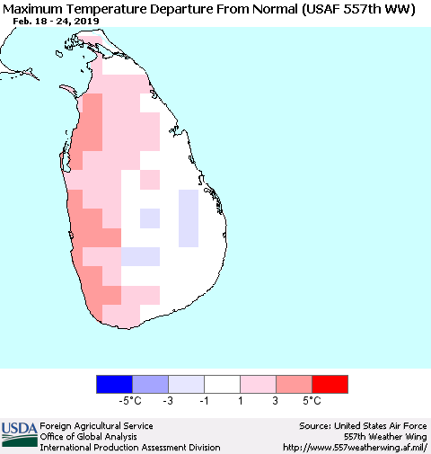 Sri Lanka Mean Maximum Temperature Departure from Normal (USAF 557th WW) Thematic Map For 2/18/2019 - 2/24/2019