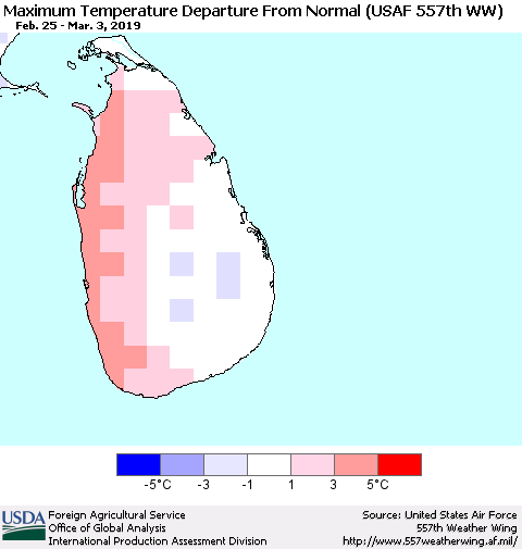 Sri Lanka Mean Maximum Temperature Departure from Normal (USAF 557th WW) Thematic Map For 2/25/2019 - 3/3/2019