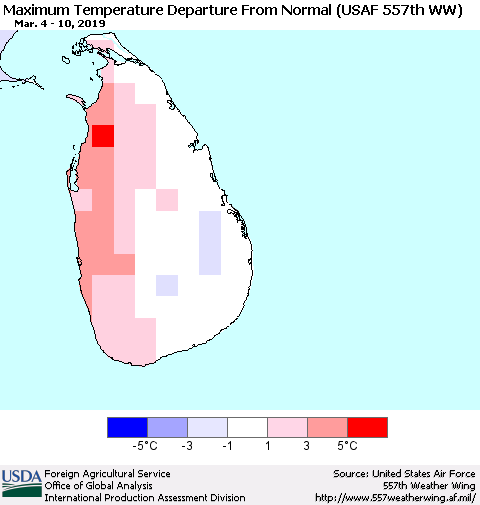 Sri Lanka Mean Maximum Temperature Departure from Normal (USAF 557th WW) Thematic Map For 3/4/2019 - 3/10/2019