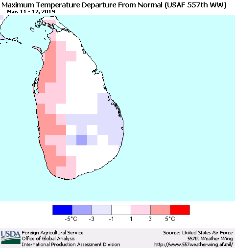 Sri Lanka Mean Maximum Temperature Departure from Normal (USAF 557th WW) Thematic Map For 3/11/2019 - 3/17/2019