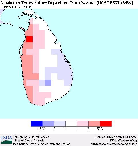 Sri Lanka Mean Maximum Temperature Departure from Normal (USAF 557th WW) Thematic Map For 3/18/2019 - 3/24/2019