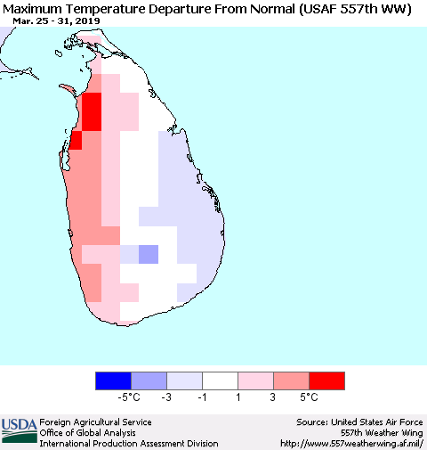 Sri Lanka Mean Maximum Temperature Departure from Normal (USAF 557th WW) Thematic Map For 3/25/2019 - 3/31/2019