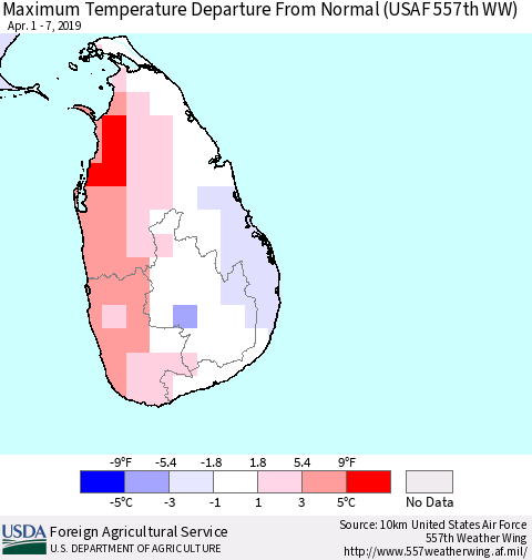 Sri Lanka Mean Maximum Temperature Departure from Normal (USAF 557th WW) Thematic Map For 4/1/2019 - 4/7/2019