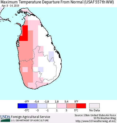 Sri Lanka Mean Maximum Temperature Departure from Normal (USAF 557th WW) Thematic Map For 4/8/2019 - 4/14/2019