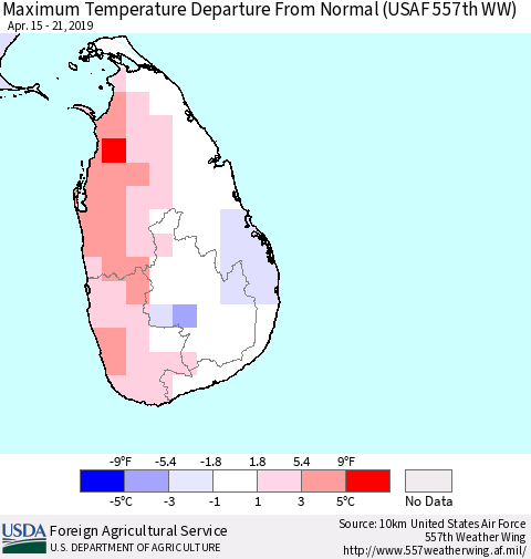 Sri Lanka Mean Maximum Temperature Departure from Normal (USAF 557th WW) Thematic Map For 4/15/2019 - 4/21/2019