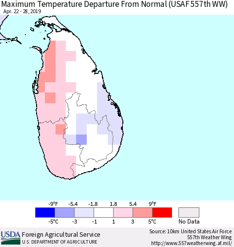 Sri Lanka Mean Maximum Temperature Departure from Normal (USAF 557th WW) Thematic Map For 4/22/2019 - 4/28/2019