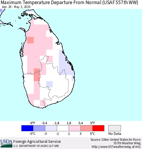 Sri Lanka Mean Maximum Temperature Departure from Normal (USAF 557th WW) Thematic Map For 4/29/2019 - 5/5/2019