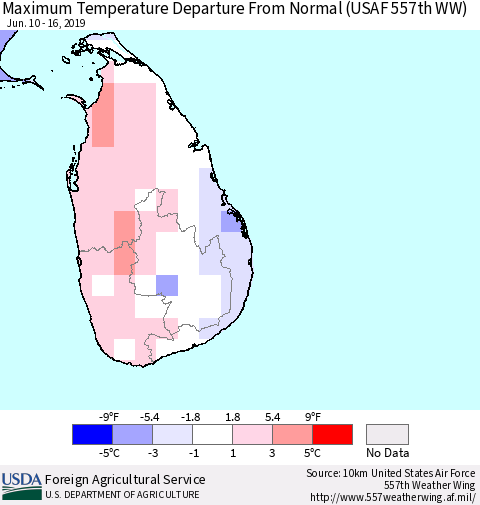 Sri Lanka Maximum Temperature Departure From Normal (USAF 557th WW) Thematic Map For 6/10/2019 - 6/16/2019