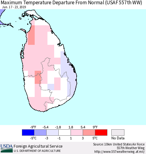 Sri Lanka Maximum Temperature Departure From Normal (USAF 557th WW) Thematic Map For 6/17/2019 - 6/23/2019