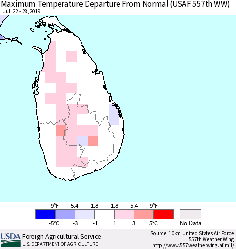 Sri Lanka Maximum Temperature Departure From Normal (USAF 557th WW) Thematic Map For 7/22/2019 - 7/28/2019