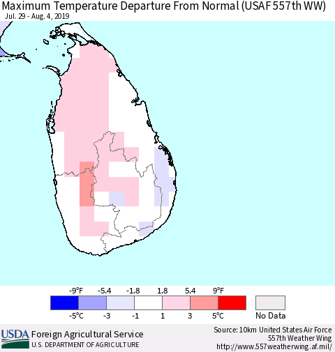 Sri Lanka Maximum Temperature Departure From Normal (USAF 557th WW) Thematic Map For 7/29/2019 - 8/4/2019