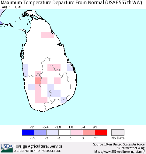 Sri Lanka Maximum Temperature Departure From Normal (USAF 557th WW) Thematic Map For 8/5/2019 - 8/11/2019