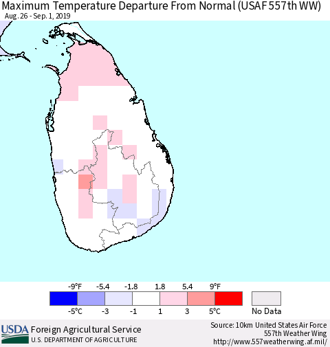 Sri Lanka Maximum Temperature Departure From Normal (USAF 557th WW) Thematic Map For 8/26/2019 - 9/1/2019