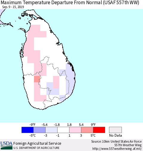 Sri Lanka Maximum Temperature Departure From Normal (USAF 557th WW) Thematic Map For 9/9/2019 - 9/15/2019