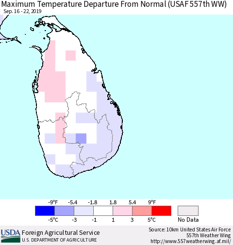 Sri Lanka Maximum Temperature Departure From Normal (USAF 557th WW) Thematic Map For 9/16/2019 - 9/22/2019