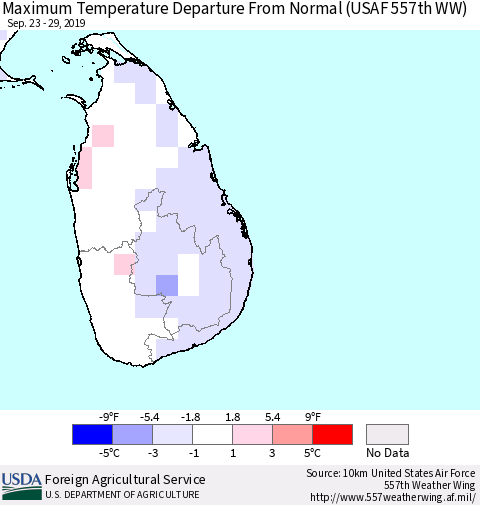 Sri Lanka Maximum Temperature Departure From Normal (USAF 557th WW) Thematic Map For 9/23/2019 - 9/29/2019