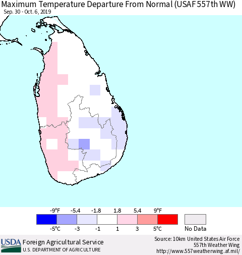 Sri Lanka Maximum Temperature Departure From Normal (USAF 557th WW) Thematic Map For 9/30/2019 - 10/6/2019