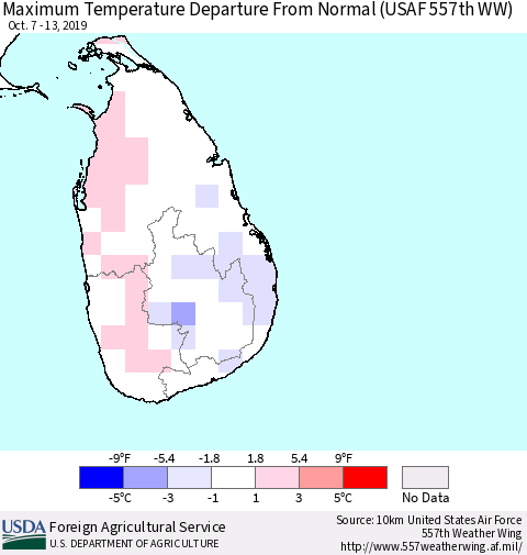 Sri Lanka Maximum Temperature Departure From Normal (USAF 557th WW) Thematic Map For 10/7/2019 - 10/13/2019