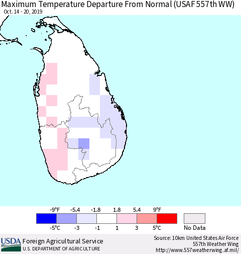 Sri Lanka Mean Maximum Temperature Departure from Normal (USAF 557th WW) Thematic Map For 10/14/2019 - 10/20/2019