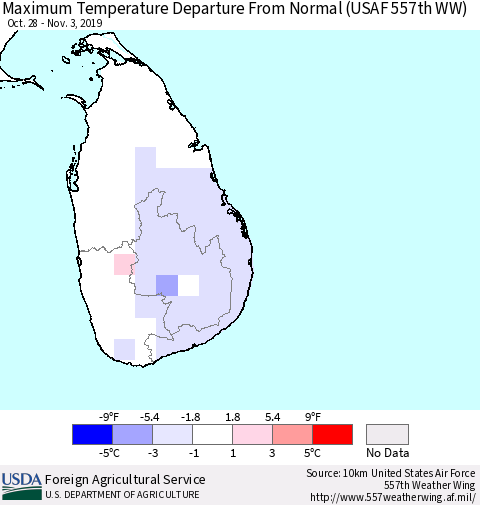 Sri Lanka Maximum Temperature Departure From Normal (USAF 557th WW) Thematic Map For 10/28/2019 - 11/3/2019