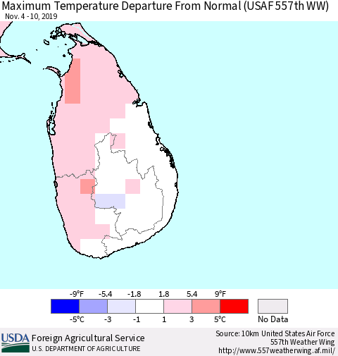 Sri Lanka Maximum Temperature Departure From Normal (USAF 557th WW) Thematic Map For 11/4/2019 - 11/10/2019