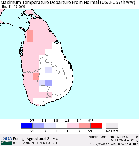 Sri Lanka Maximum Temperature Departure From Normal (USAF 557th WW) Thematic Map For 11/11/2019 - 11/17/2019