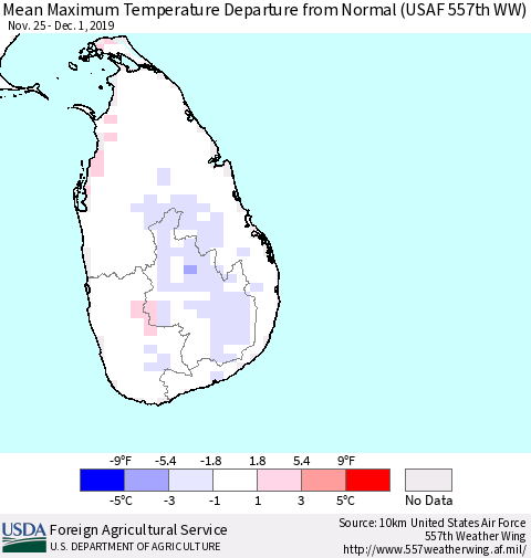 Sri Lanka Maximum Temperature Departure From Normal (USAF 557th WW) Thematic Map For 11/25/2019 - 12/1/2019