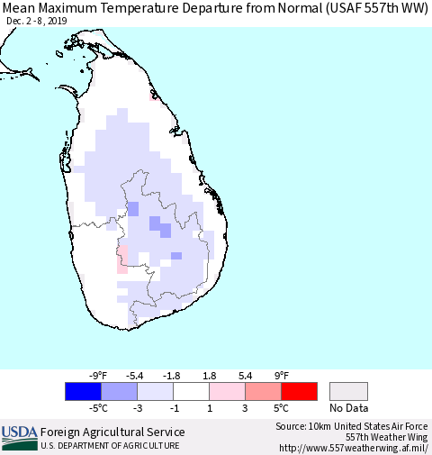 Sri Lanka Maximum Temperature Departure From Normal (USAF 557th WW) Thematic Map For 12/2/2019 - 12/8/2019