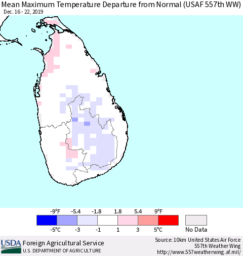 Sri Lanka Mean Maximum Temperature Departure from Normal (USAF 557th WW) Thematic Map For 12/16/2019 - 12/22/2019