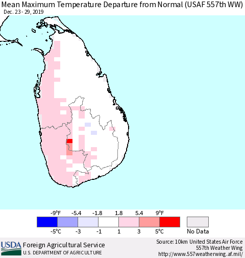 Sri Lanka Maximum Temperature Departure From Normal (USAF 557th WW) Thematic Map For 12/23/2019 - 12/29/2019