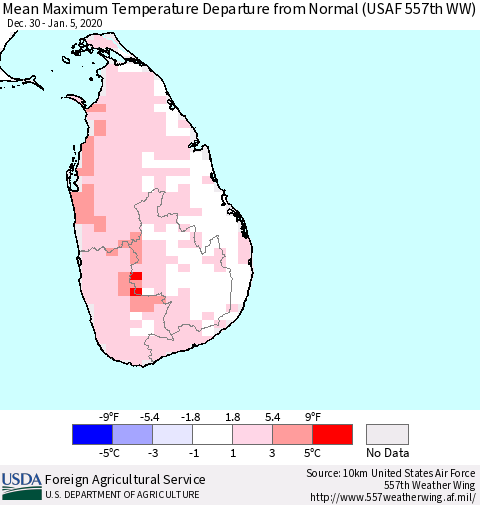 Sri Lanka Mean Maximum Temperature Departure from Normal (USAF 557th WW) Thematic Map For 12/30/2019 - 1/5/2020