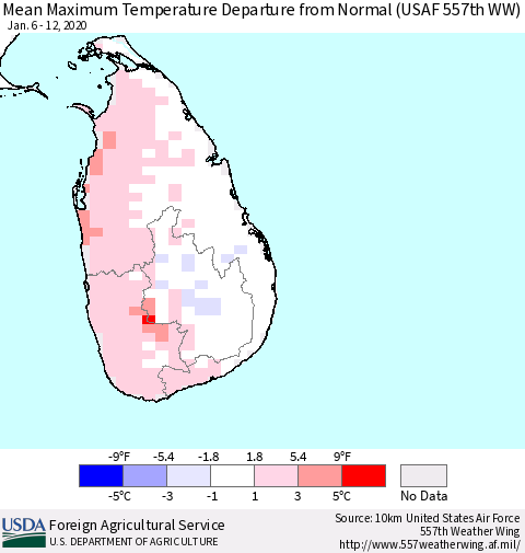 Sri Lanka Maximum Temperature Departure From Normal (USAF 557th WW) Thematic Map For 1/6/2020 - 1/12/2020