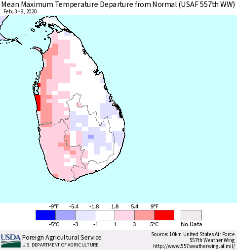 Sri Lanka Mean Maximum Temperature Departure from Normal (USAF 557th WW) Thematic Map For 2/3/2020 - 2/9/2020