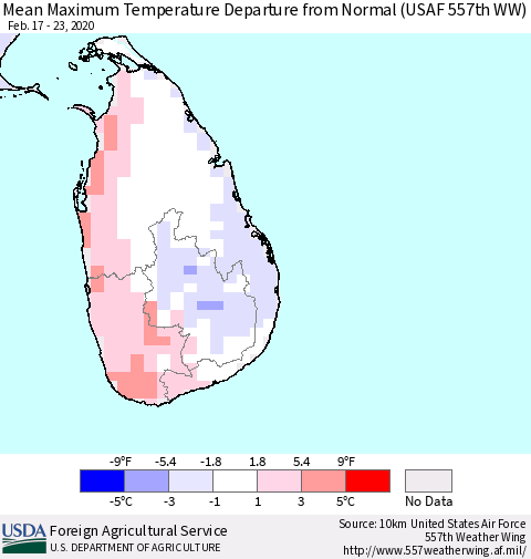 Sri Lanka Maximum Temperature Departure From Normal (USAF 557th WW) Thematic Map For 2/17/2020 - 2/23/2020
