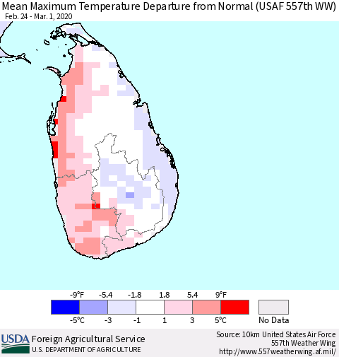 Sri Lanka Maximum Temperature Departure From Normal (USAF 557th WW) Thematic Map For 2/24/2020 - 3/1/2020