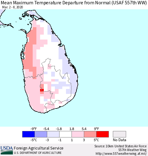 Sri Lanka Maximum Temperature Departure From Normal (USAF 557th WW) Thematic Map For 3/2/2020 - 3/8/2020