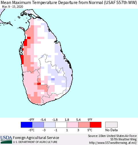 Sri Lanka Mean Maximum Temperature Departure from Normal (USAF 557th WW) Thematic Map For 3/9/2020 - 3/15/2020