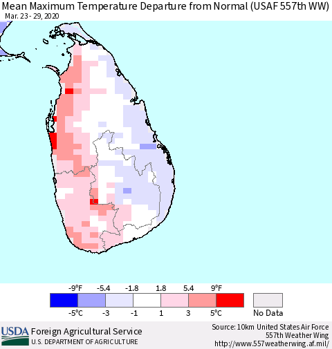 Sri Lanka Mean Maximum Temperature Departure from Normal (USAF 557th WW) Thematic Map For 3/23/2020 - 3/29/2020