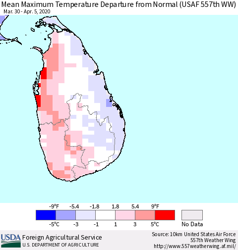 Sri Lanka Maximum Temperature Departure From Normal (USAF 557th WW) Thematic Map For 3/30/2020 - 4/5/2020