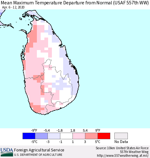 Sri Lanka Mean Maximum Temperature Departure from Normal (USAF 557th WW) Thematic Map For 4/6/2020 - 4/12/2020