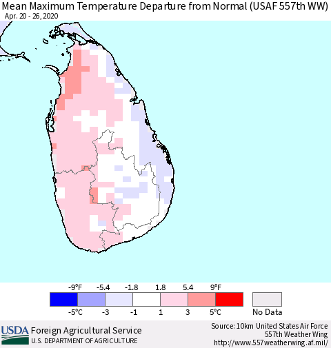 Sri Lanka Maximum Temperature Departure From Normal (USAF 557th WW) Thematic Map For 4/20/2020 - 4/26/2020