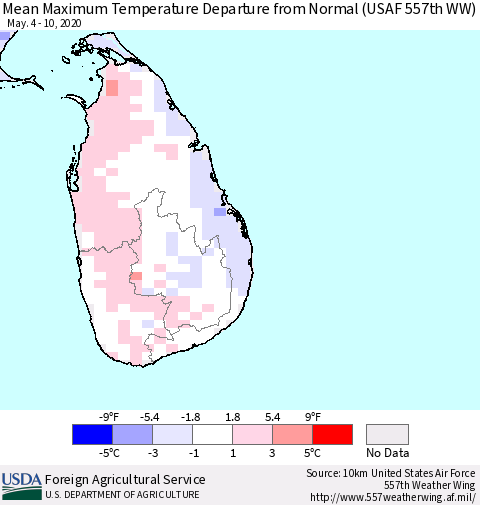 Sri Lanka Mean Maximum Temperature Departure from Normal (USAF 557th WW) Thematic Map For 5/4/2020 - 5/10/2020